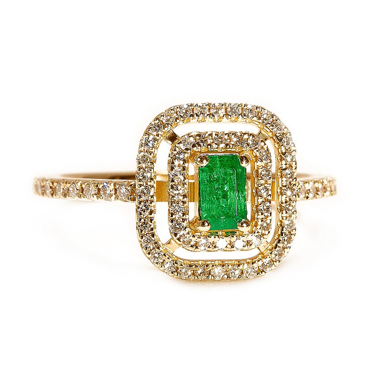 Inel de logodna din Aur Galben 18k cu Smarald Emerald Cut si Diamante i1903SmEmDi